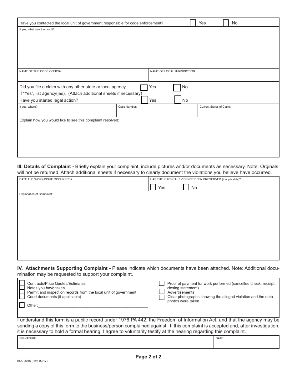Form BCC-3015 Statement of Complaint - Michigan, Page 3
