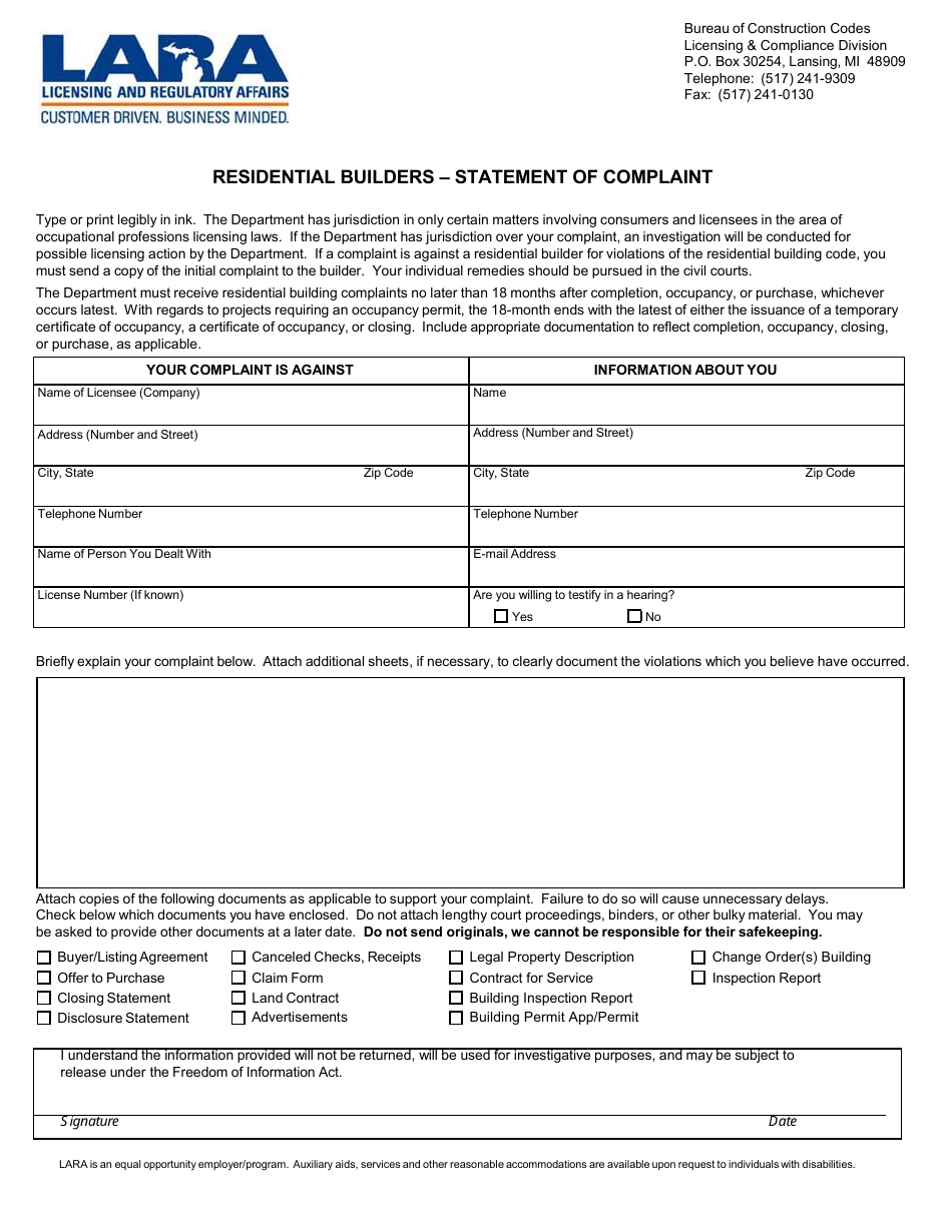 Residential Builders - Statement of Complaint - Michigan, Page 1