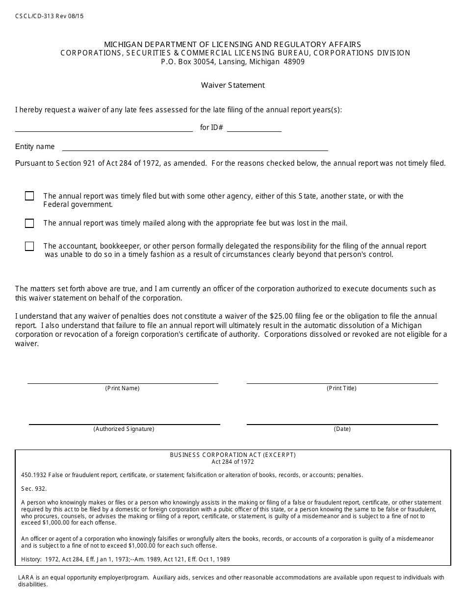 Form CSCL / CD-313 Waiver Statement - Michigan, Page 1