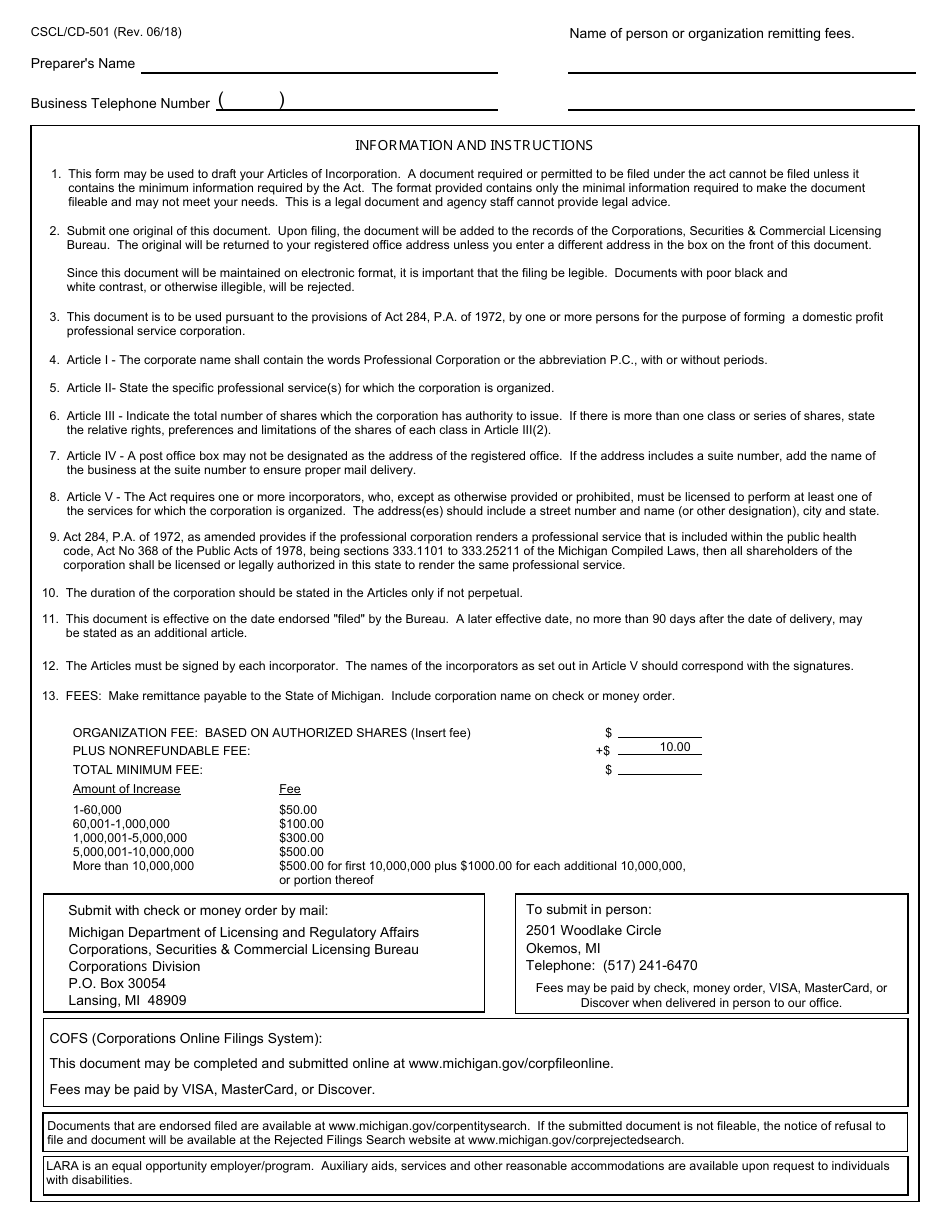 Form CSCL / CD-501 Articles of Incorporation for Use by Domestic Profit Professional Service Corporations - Michigan, Page 4
