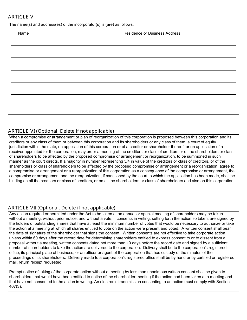 Form CSCL / CD-500 Articles of Incorporation for Use by Domestic Profit Corporations - Michigan, Page 2