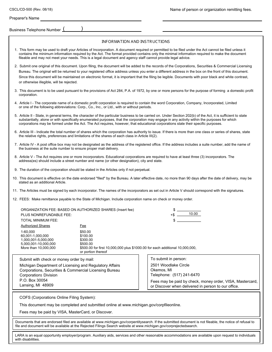 Form CSCL / CD-500 Articles of Incorporation for Use by Domestic Profit Corporations - Michigan, Page 4