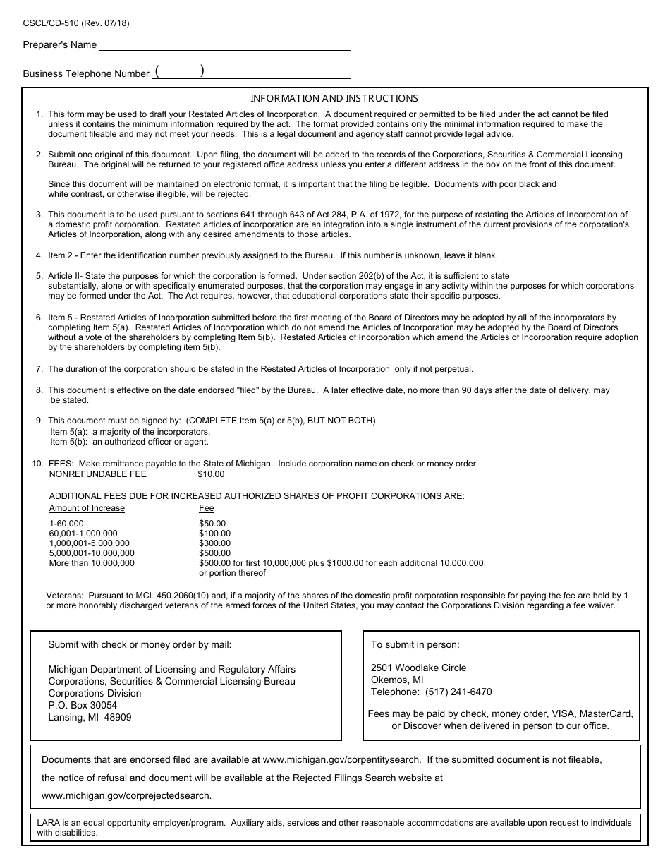 Form CSCL / CD-510 Restated Articles of Incorporation for Use by Domestic Profit Corporations - Michigan, Page 4