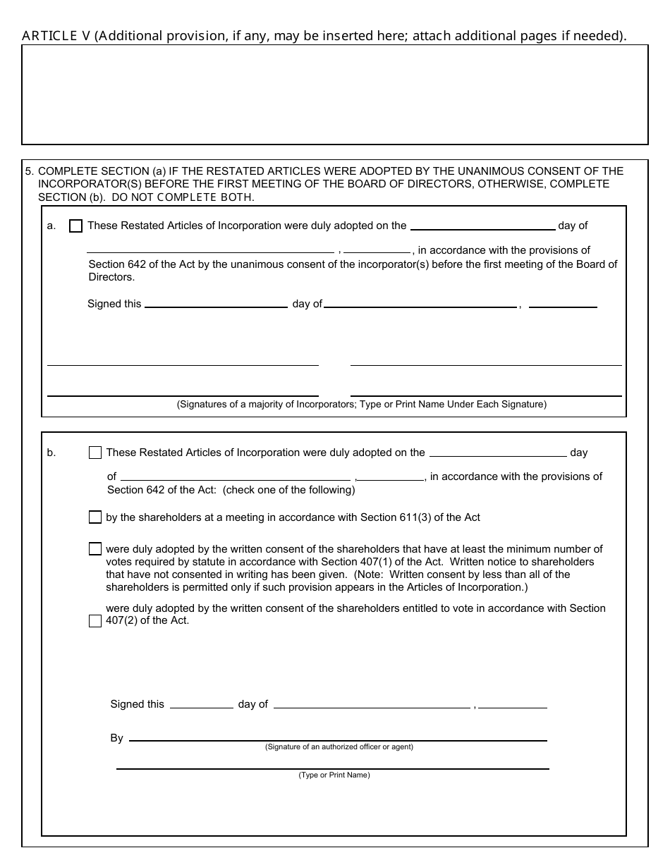 Form CSCL / CD-510A Restated Articles of Incorporation for Use by Domestic Profit Corporations - Michigan, Page 3