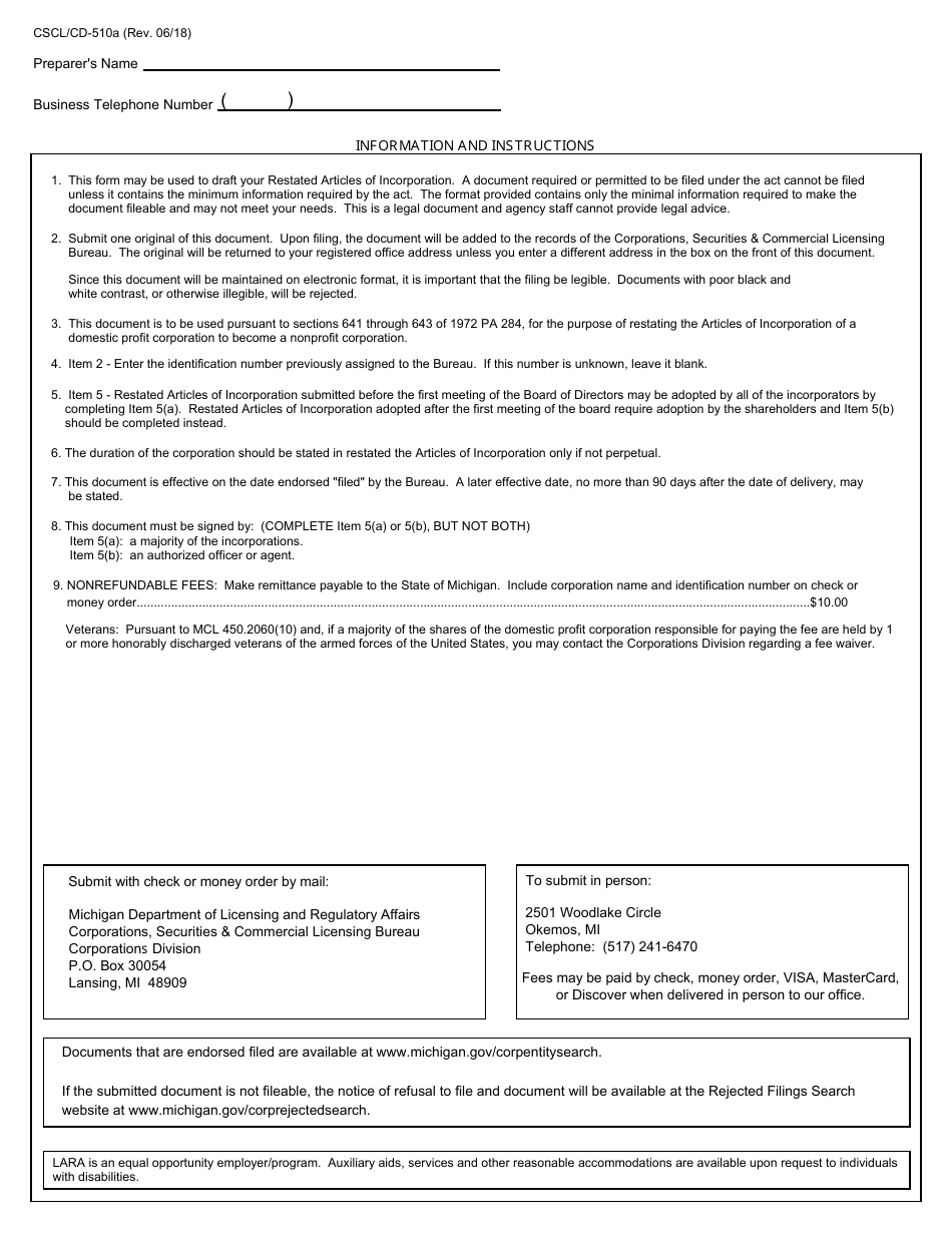 Form CSCL / CD-510A Restated Articles of Incorporation for Use by Domestic Profit Corporations - Michigan, Page 4