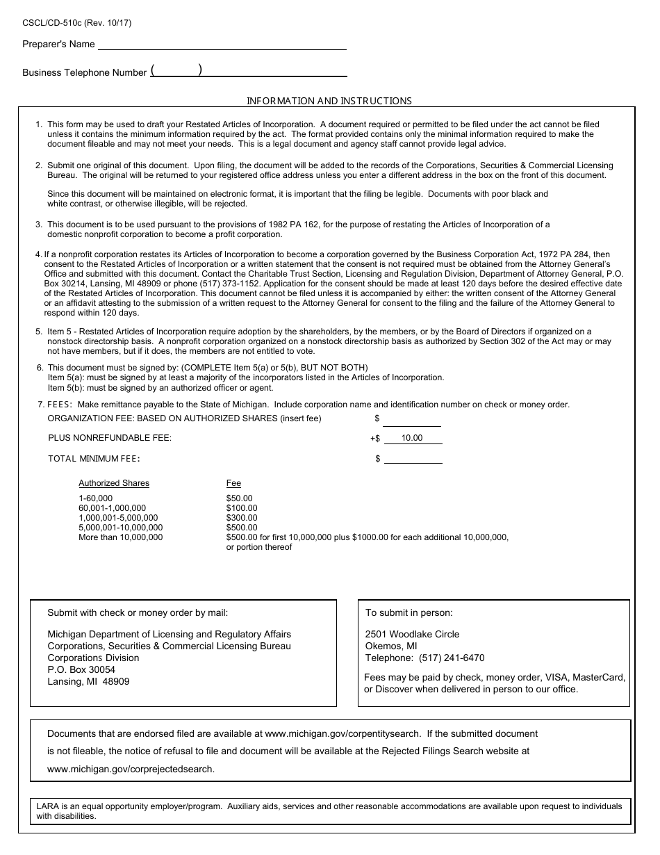 Form CSCL / CD-510C Restated Articles of Incorporation - Michigan, Page 4