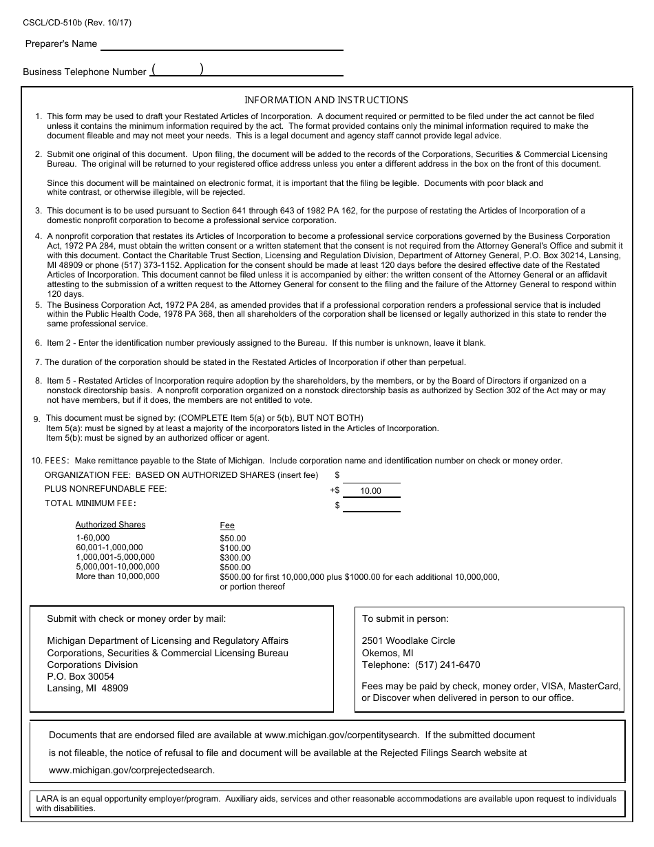 Form CSCL / CD-510B Restated Articles of Incorporation for Use by Domestic Nonprofit Corporations - Michigan, Page 4