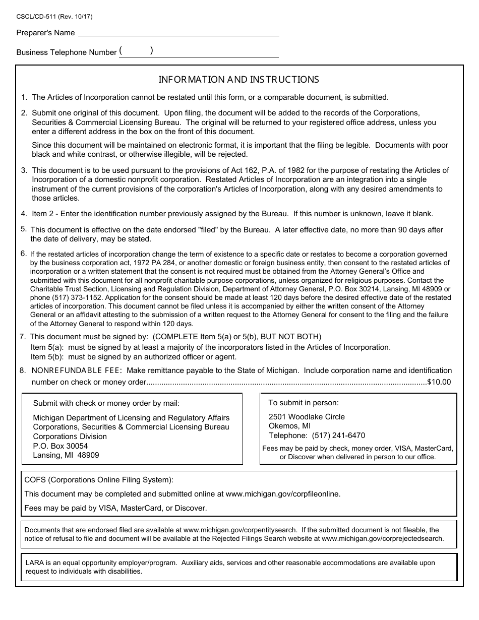 Form CSCL / CD-511 Restated Articles of Incorporation for Use by Domestic Nonprofit Corporations - Michigan, Page 4