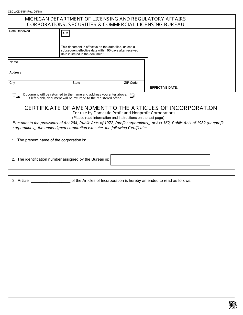 Form CSCL / CD-515 Certificate of Amendment to the Articles of Incorporation - Michigan, Page 1