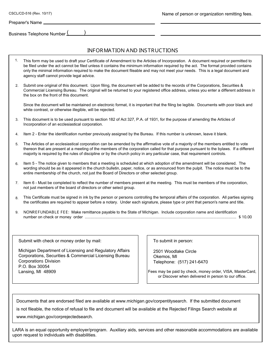 Form CSCL / CD-516 Certificate of Amendment to the Articles of Incorporation - Michigan, Page 3