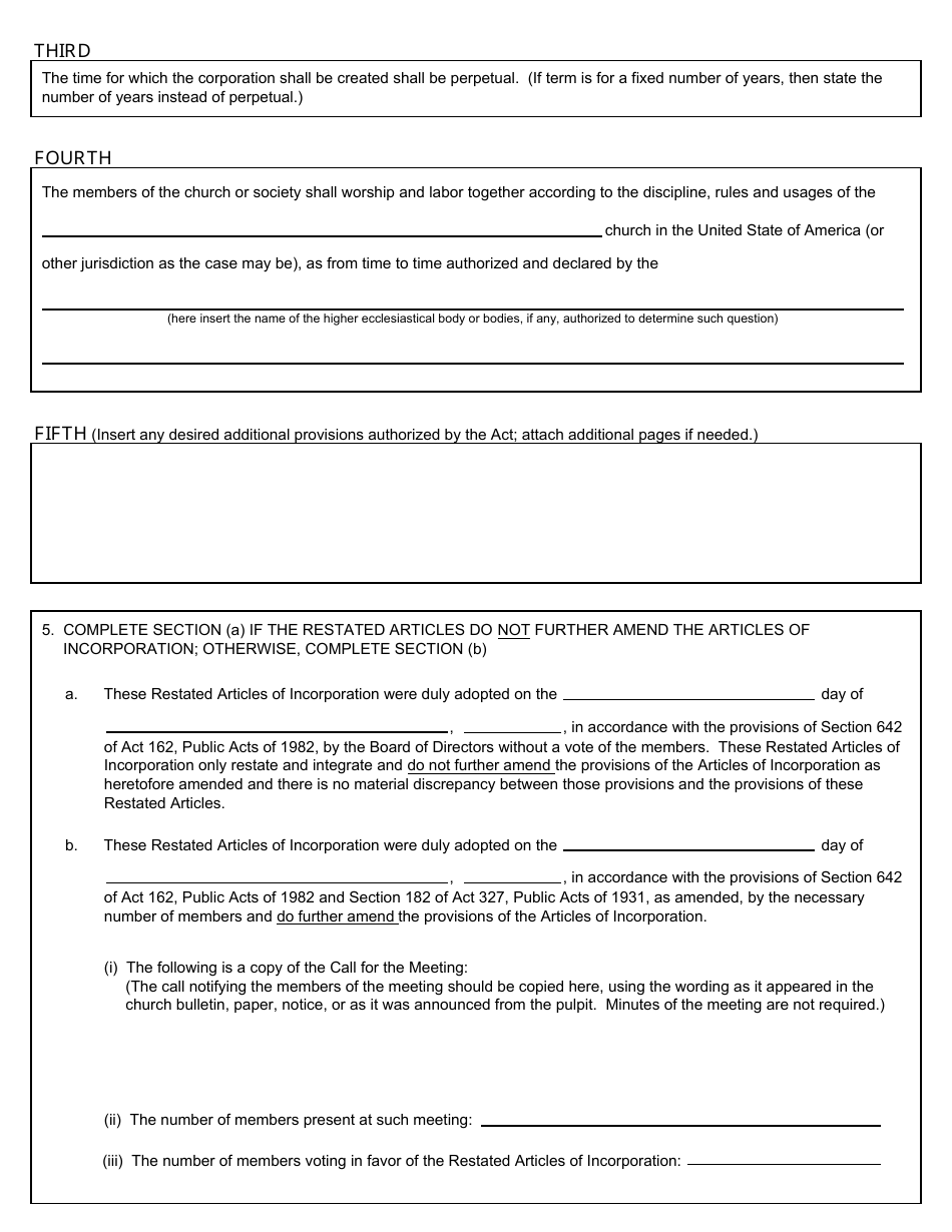 Form CSCL / CD-512 Restated Articles of Incorporation for Use by Ecclesiastical Corporations - Michigan, Page 2