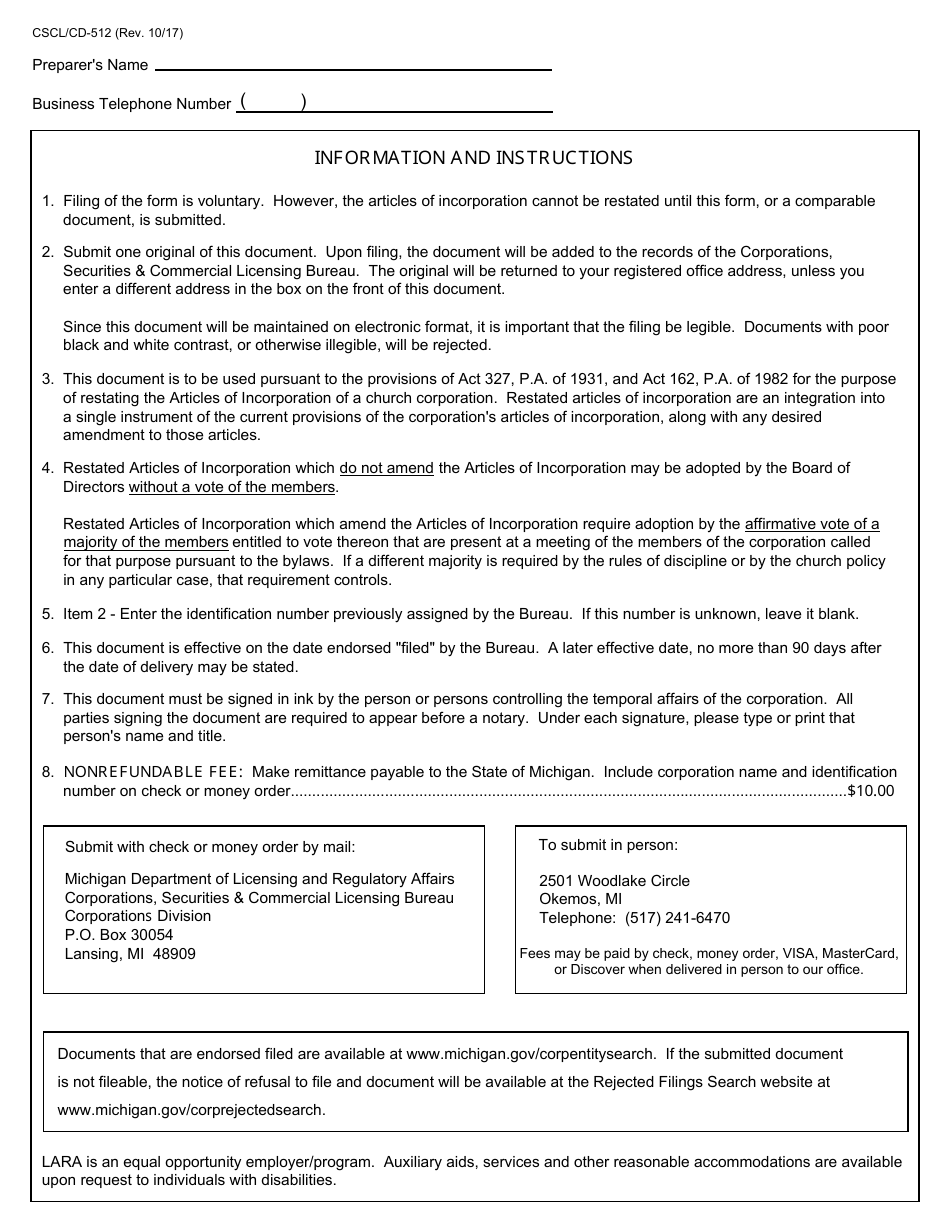 Form CSCL / CD-512 Restated Articles of Incorporation for Use by Ecclesiastical Corporations - Michigan, Page 4