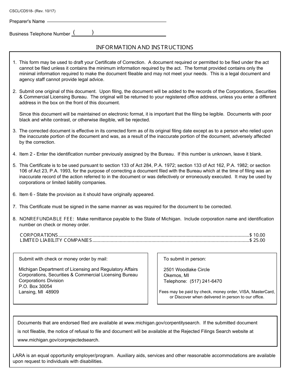 Form CSCL / CD-518 Certificate of Correction for Use by Corporations and Limited Liability Companies - Michigan, Page 2