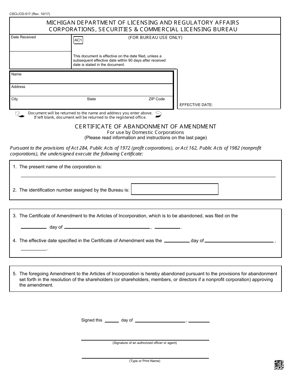 Form CSCL / CD-517 Certificate of Abandonment of Amendment - Michigan, Page 1