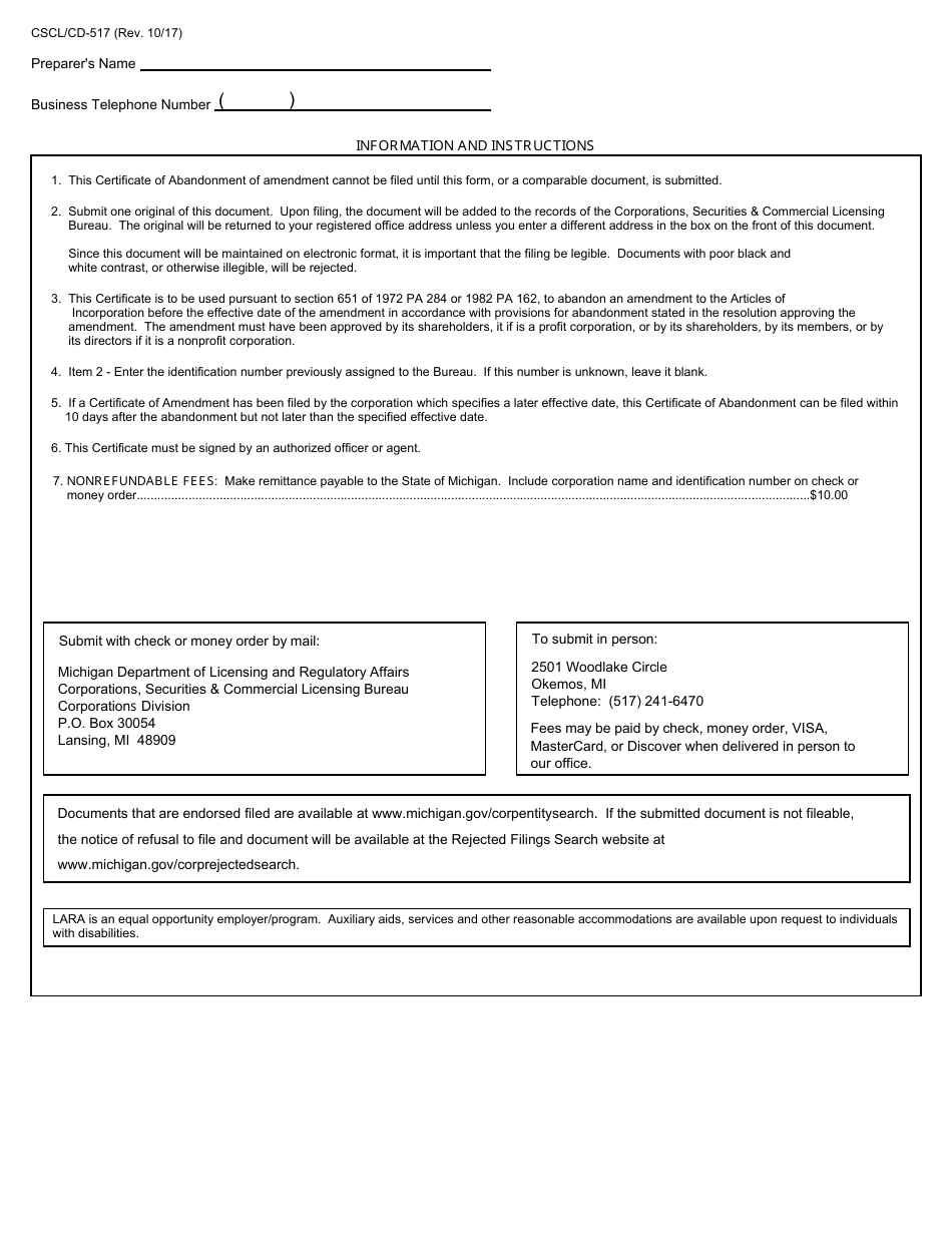 Form CSCL / CD-517 Certificate of Abandonment of Amendment - Michigan, Page 2