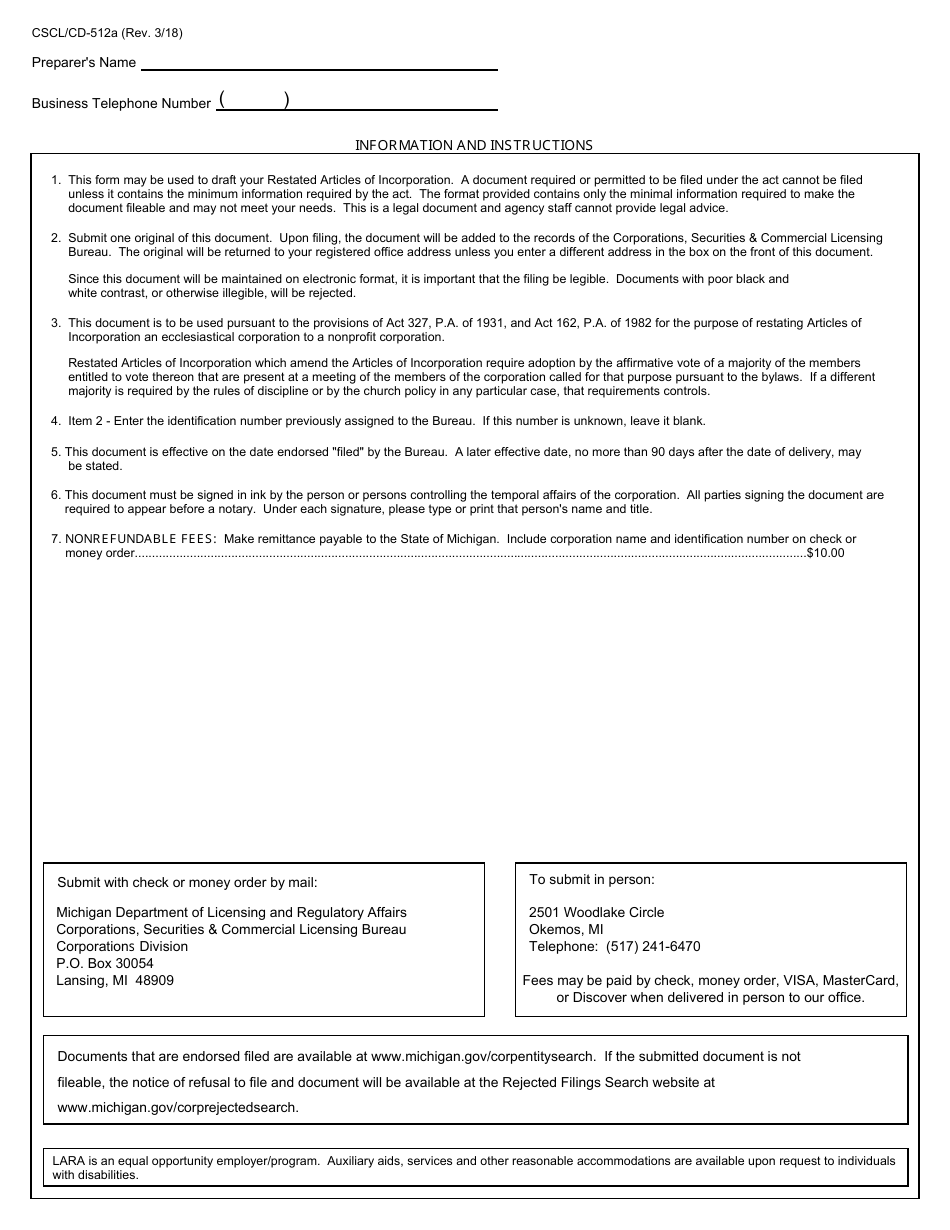 Form CSCL / CD-512A Restated Articles of Incorporation for Use by Ecclesiastical Corporations - Michigan, Page 4