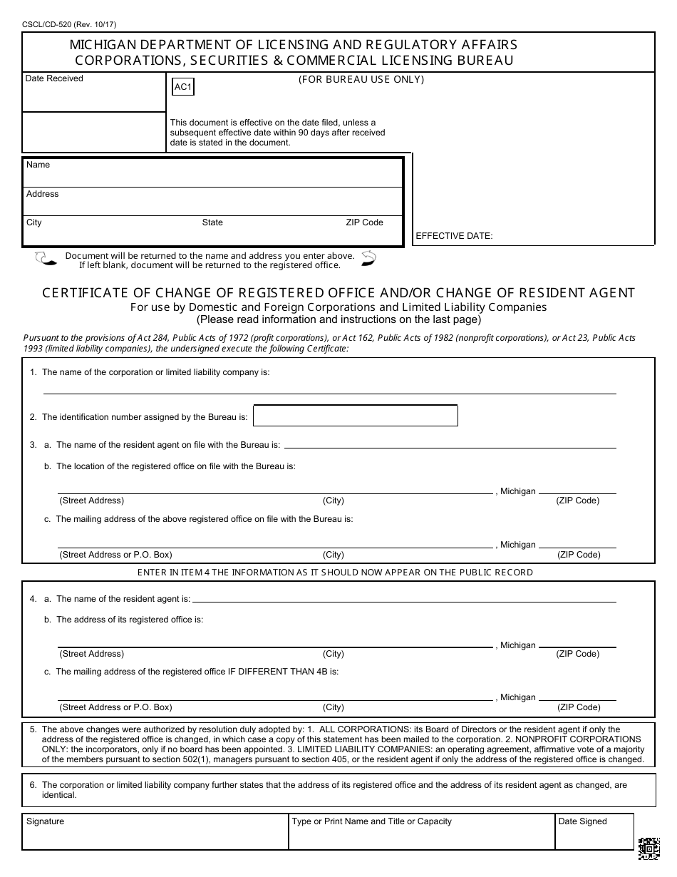 Form CSCL / CD-520 Certificate of Change of Registered Office and / or Change of Resident Agent for Use by Domestic and Foreign Corporations and Limited Liability Companies - Michigan, Page 1