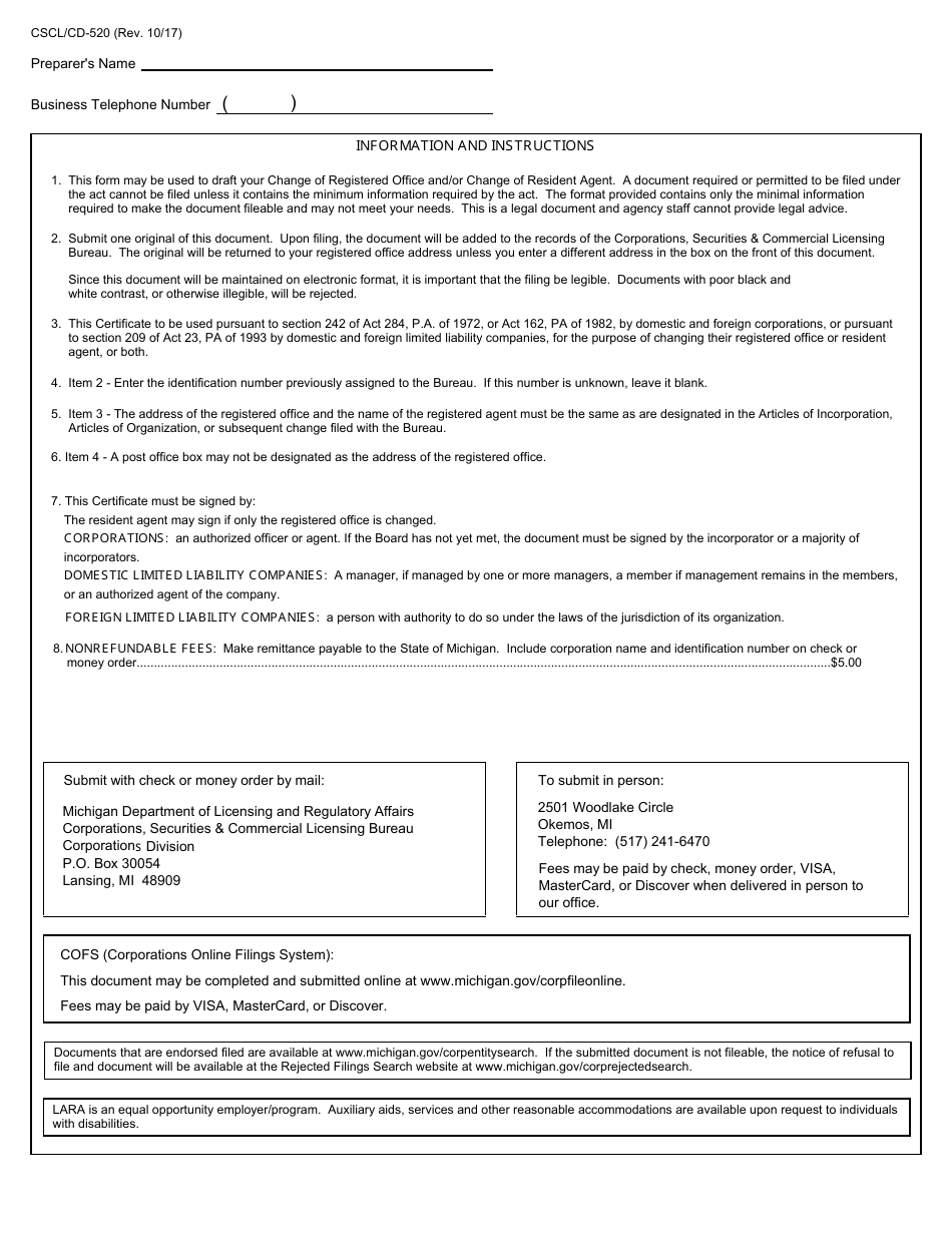 Form CSCL / CD-520 Certificate of Change of Registered Office and / or Change of Resident Agent for Use by Domestic and Foreign Corporations and Limited Liability Companies - Michigan, Page 2