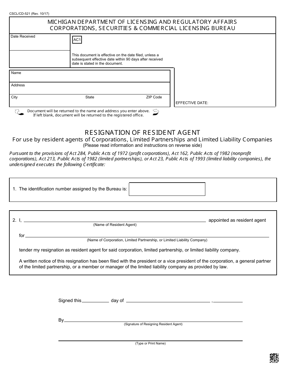 Form CSCL/CD-521 Resignation of Resident Agent for Use by Resident Agents of Corporations, Limited Partnerships and Limited Liability Companies - Michigan, Page 1