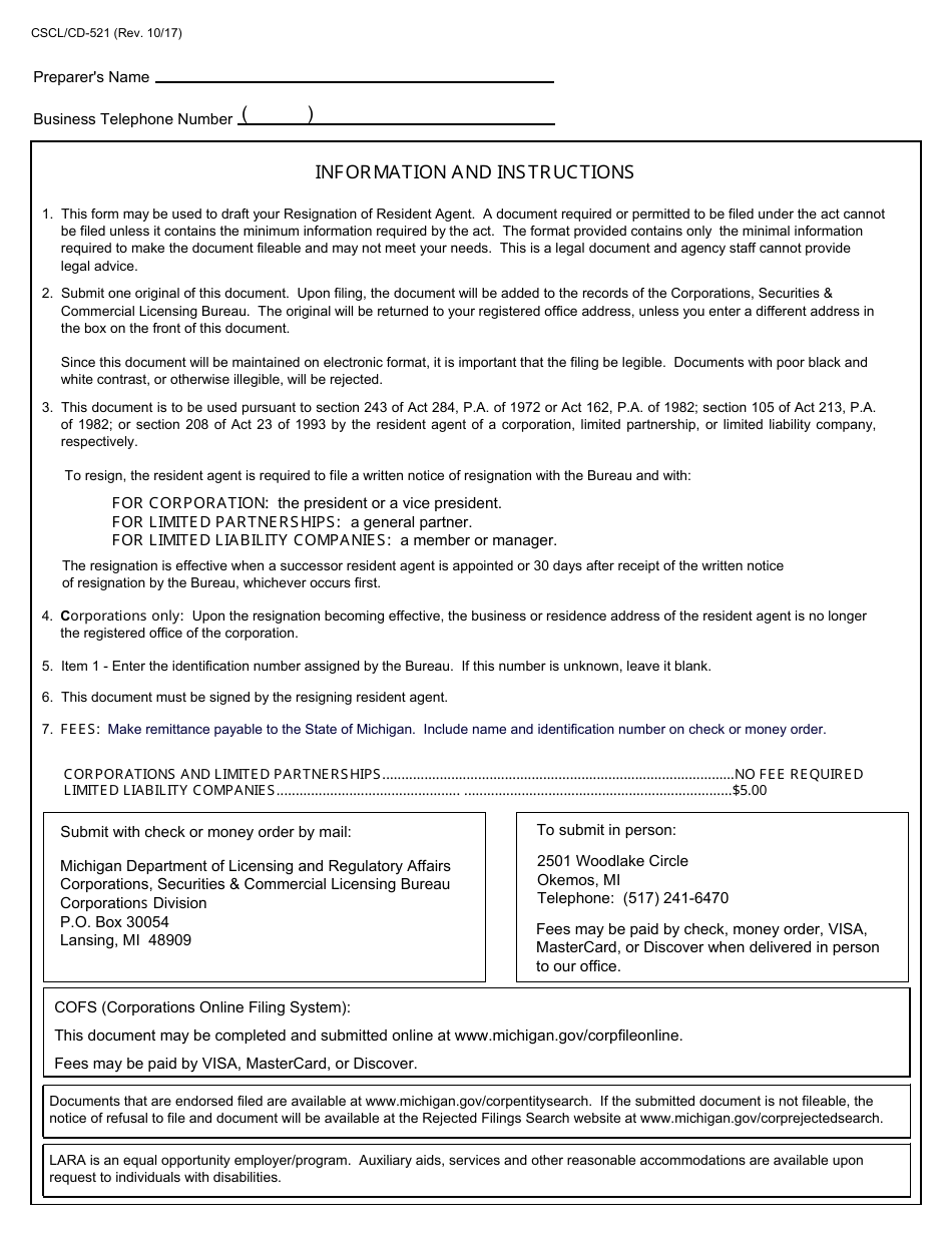 Form CSCL / CD-521 Resignation of Resident Agent for Use by Resident Agents of Corporations, Limited Partnerships and Limited Liability Companies - Michigan, Page 2
