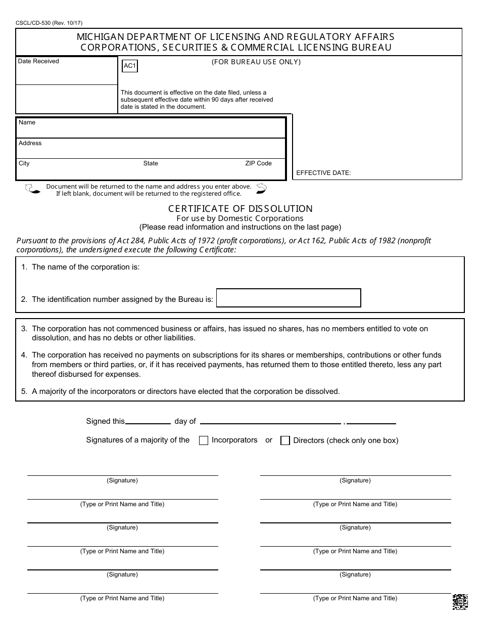 Form CSCL / CD-530 Certificate of Dissolution for Use by Domestic Corporations - Michigan, Page 1