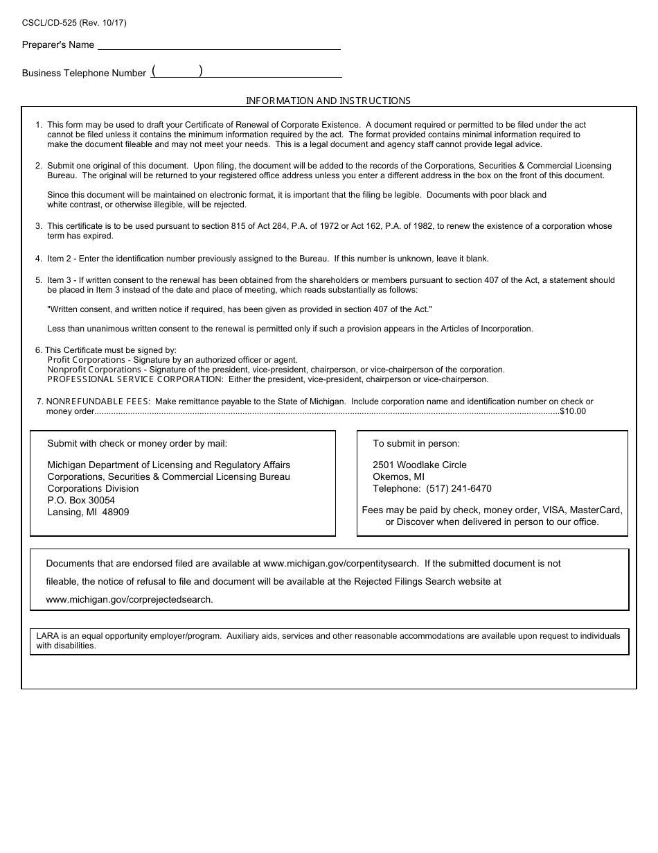 Form CSCL / CD-525 Certificate of Renewal of Corporate Existence for Use by Domestic Corporations - Michigan, Page 2