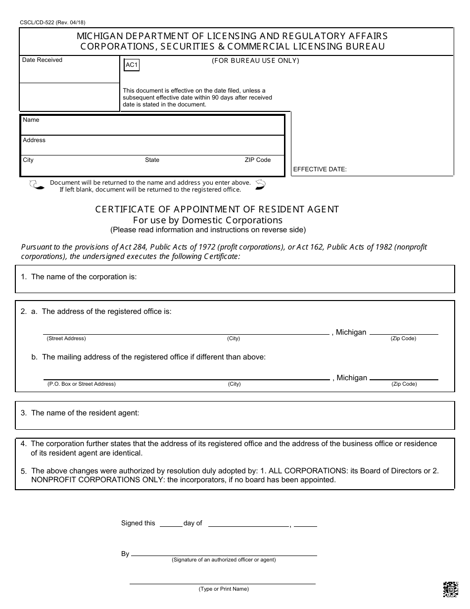 Form CSCL / CD-522 Certificate of Appointment of Resident Agent for Use by Domestic Corporations - Michigan, Page 1