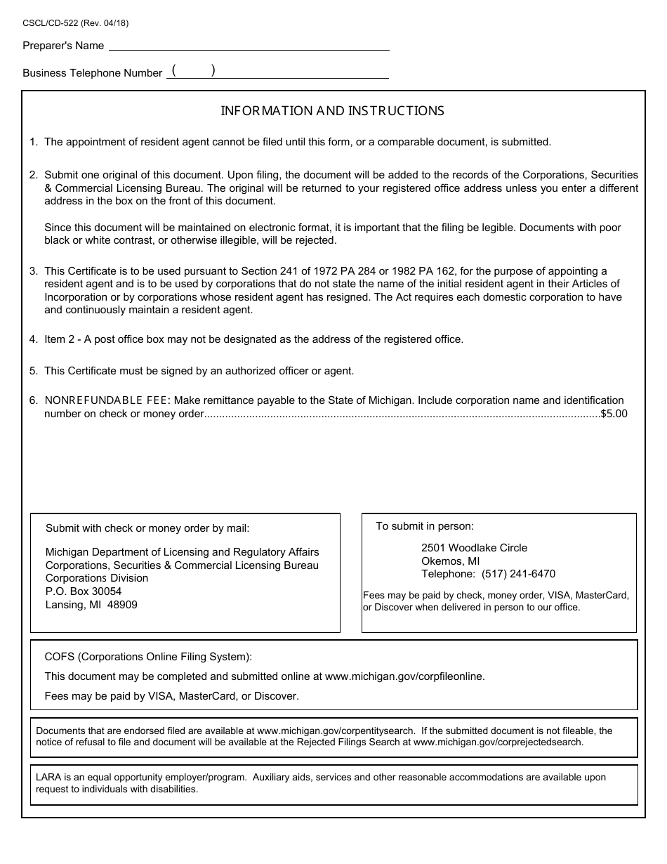 Form CSCL / CD-522 Certificate of Appointment of Resident Agent for Use by Domestic Corporations - Michigan, Page 2