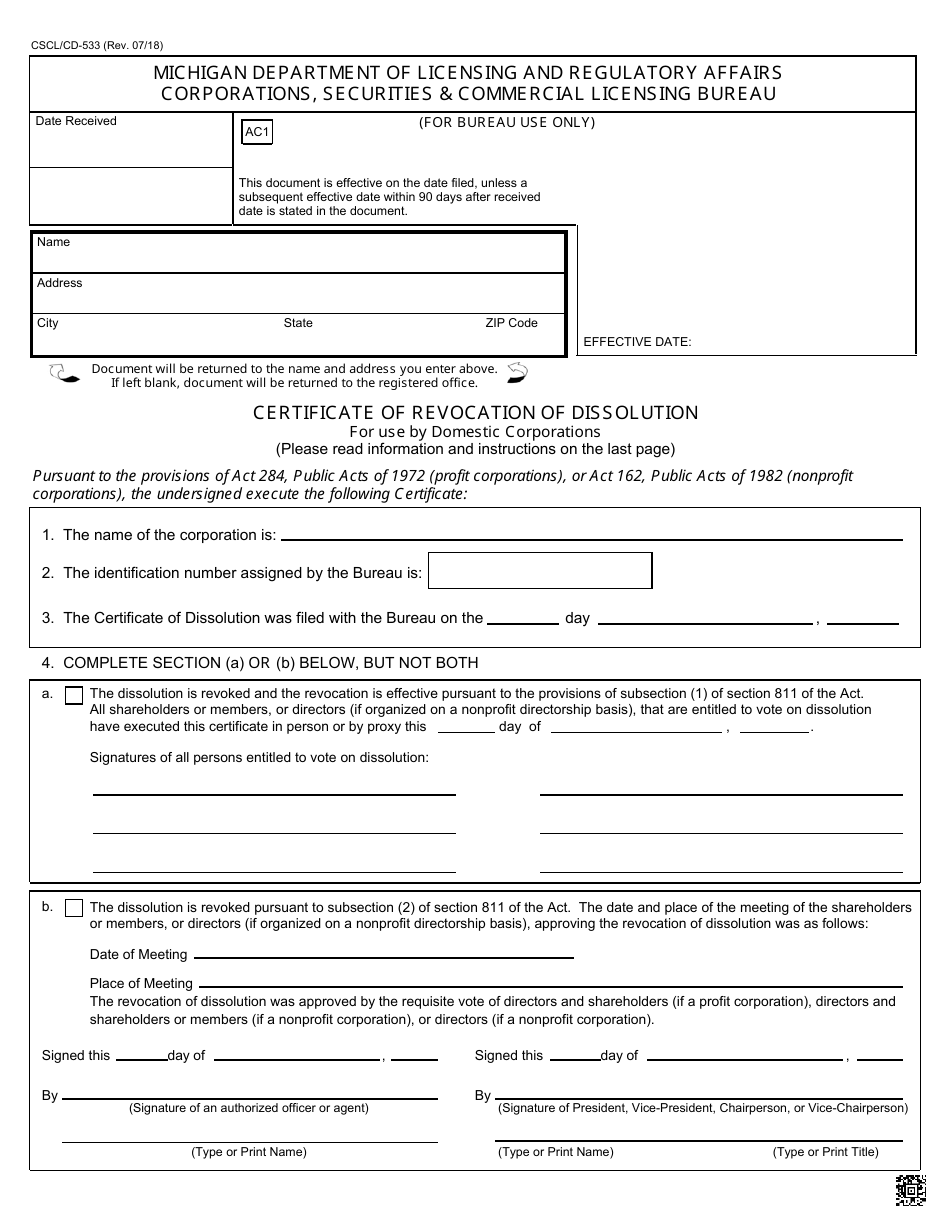 Form CSCL / CD-533 Certificate of Revocation of Dissolution for Use by Domestic Corporations - Michigan, Page 1