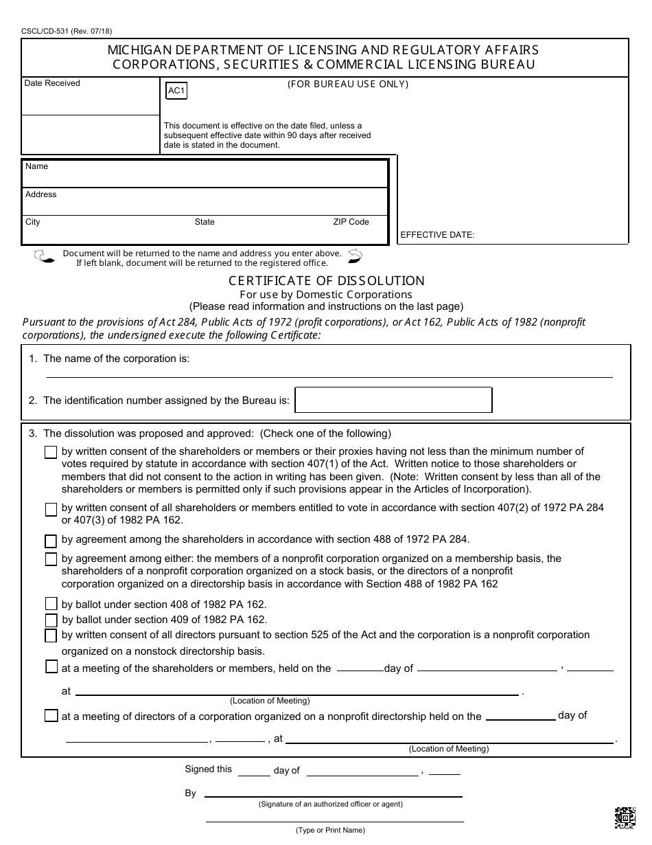Form CSCL / CD-531 Certificate of Dissolution for Use by Domestic Corporations - Michigan, Page 1