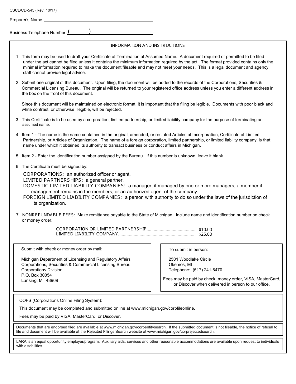 Form CSCL / CD-543 Certificate of Termination of Assumed Name for Use by Corporations, Limited Partnerships and Limited Liability Companies - Michigan, Page 2