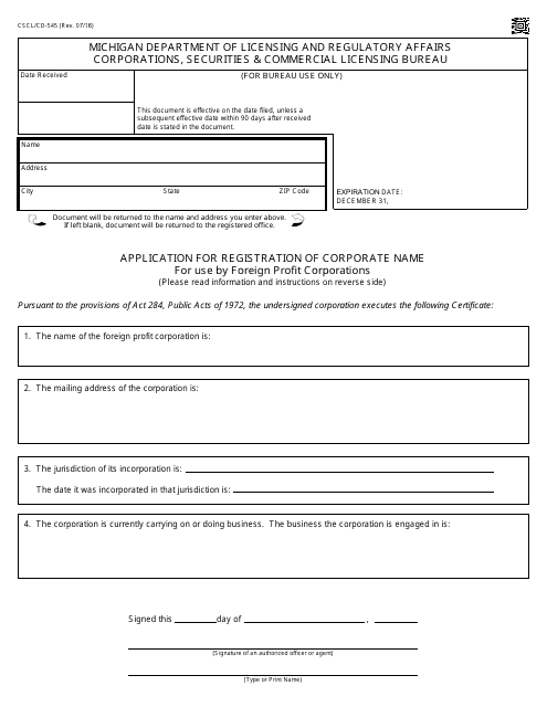 Form CSCL/CD-545 Application for Registration of Corporate Name for Use by Foreign Profit Corporations - Michigan
