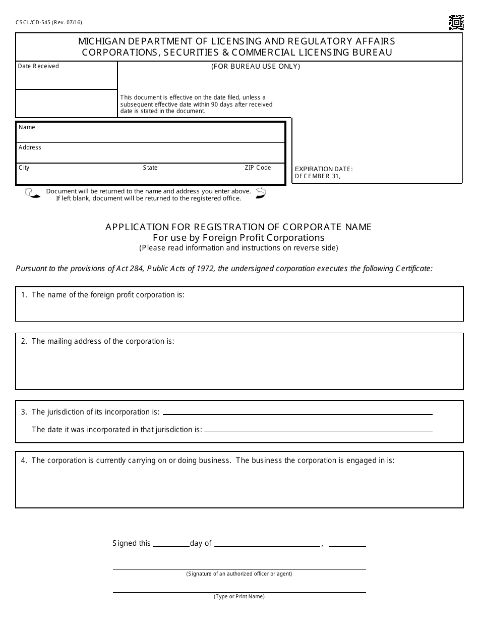 Form CSCL / CD-545 Application for Registration of Corporate Name for Use by Foreign Profit Corporations - Michigan, Page 1