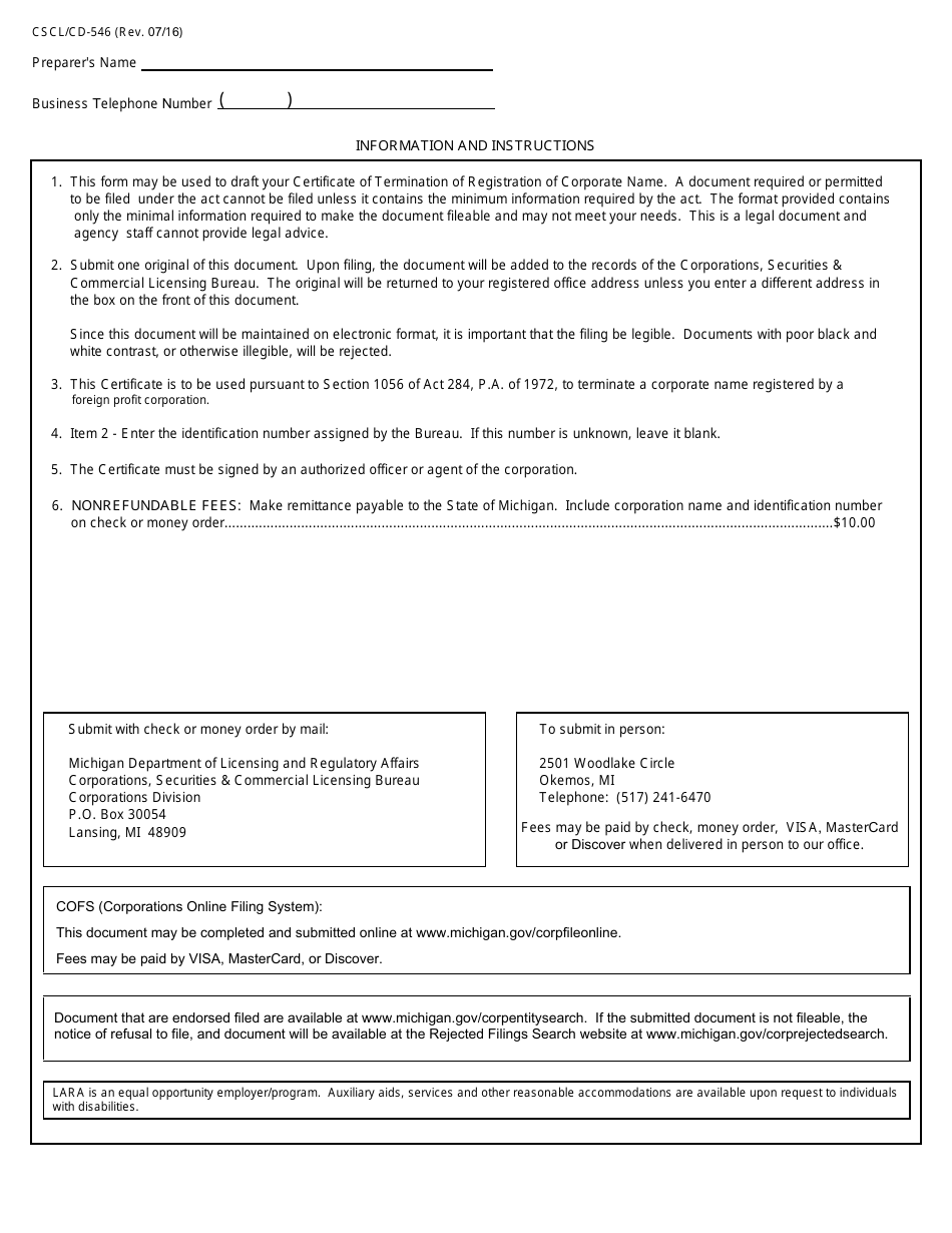 Form CSCL / CD-546 Certificate of Termination of Registration of Corporate Name for Use by Foreign Corporations - Michigan, Page 2