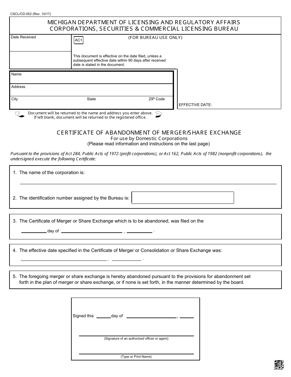 Form CSCL / CD-552 Certificate of Abandonment of Merger / Share Exchange for Use by Domestic Corporations - Michigan, Page 1