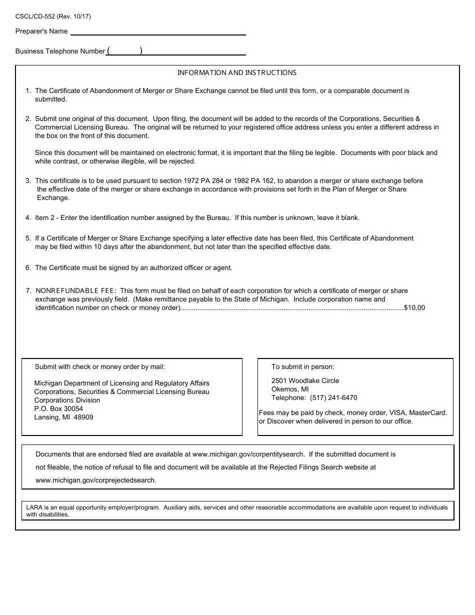 Form CSCL / CD-552 Certificate of Abandonment of Merger / Share Exchange for Use by Domestic Corporations - Michigan, Page 2