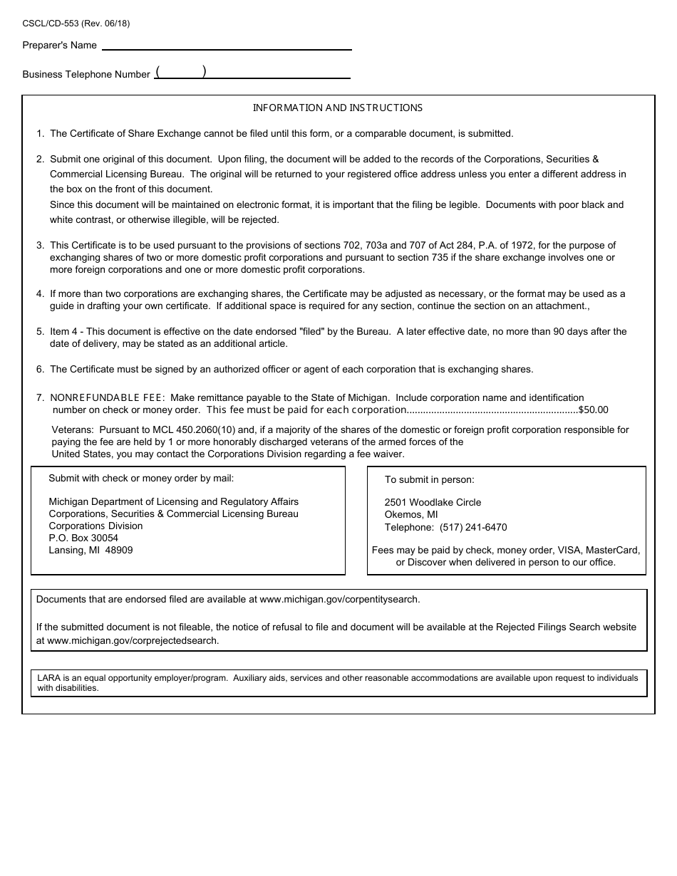 Form CSCL / CD-553 Certificate of Share Exchange for Use by Domestic Profit or Foreign Acquiring Profit Corporations - Michigan, Page 3