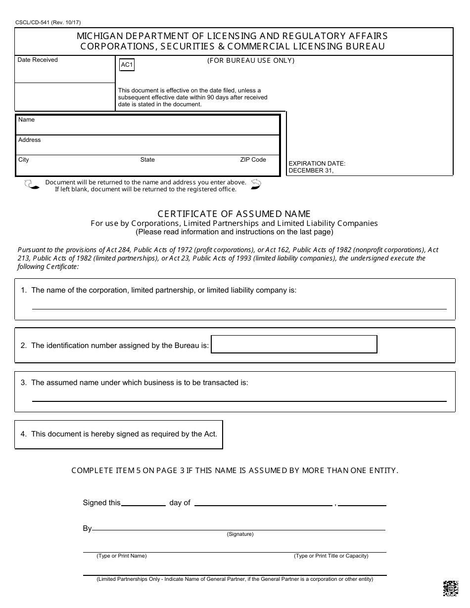 Form CSCL / CD-541 Certificate of Assumed Name for Use by Corporations, Limited Partnerships and Limited Liability Companies - Michigan, Page 1