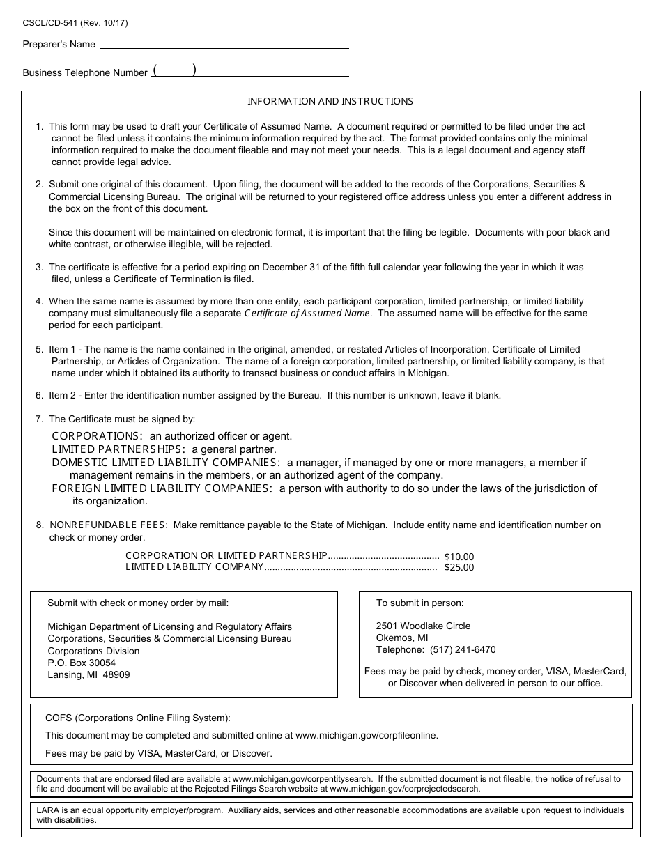 Form CSCL / CD-541 Certificate of Assumed Name for Use by Corporations, Limited Partnerships and Limited Liability Companies - Michigan, Page 2