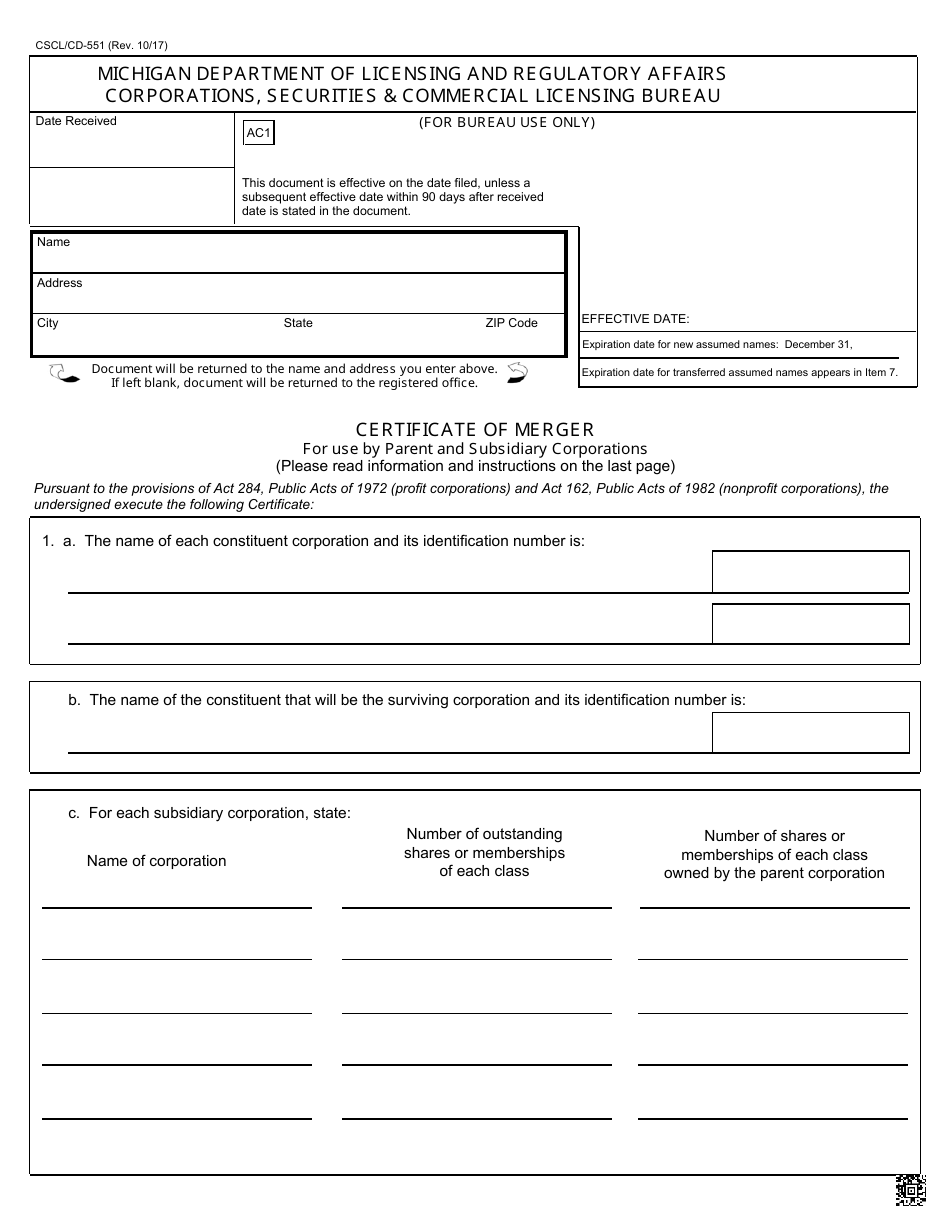Form CSCL / CD-551 Certificate of Merger for Use by Parent and Subsidiary Corporations - Michigan, Page 1