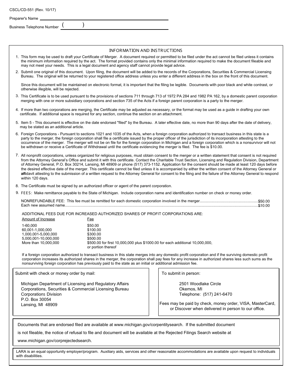 Form CSCL / CD-551 Certificate of Merger for Use by Parent and Subsidiary Corporations - Michigan, Page 4
