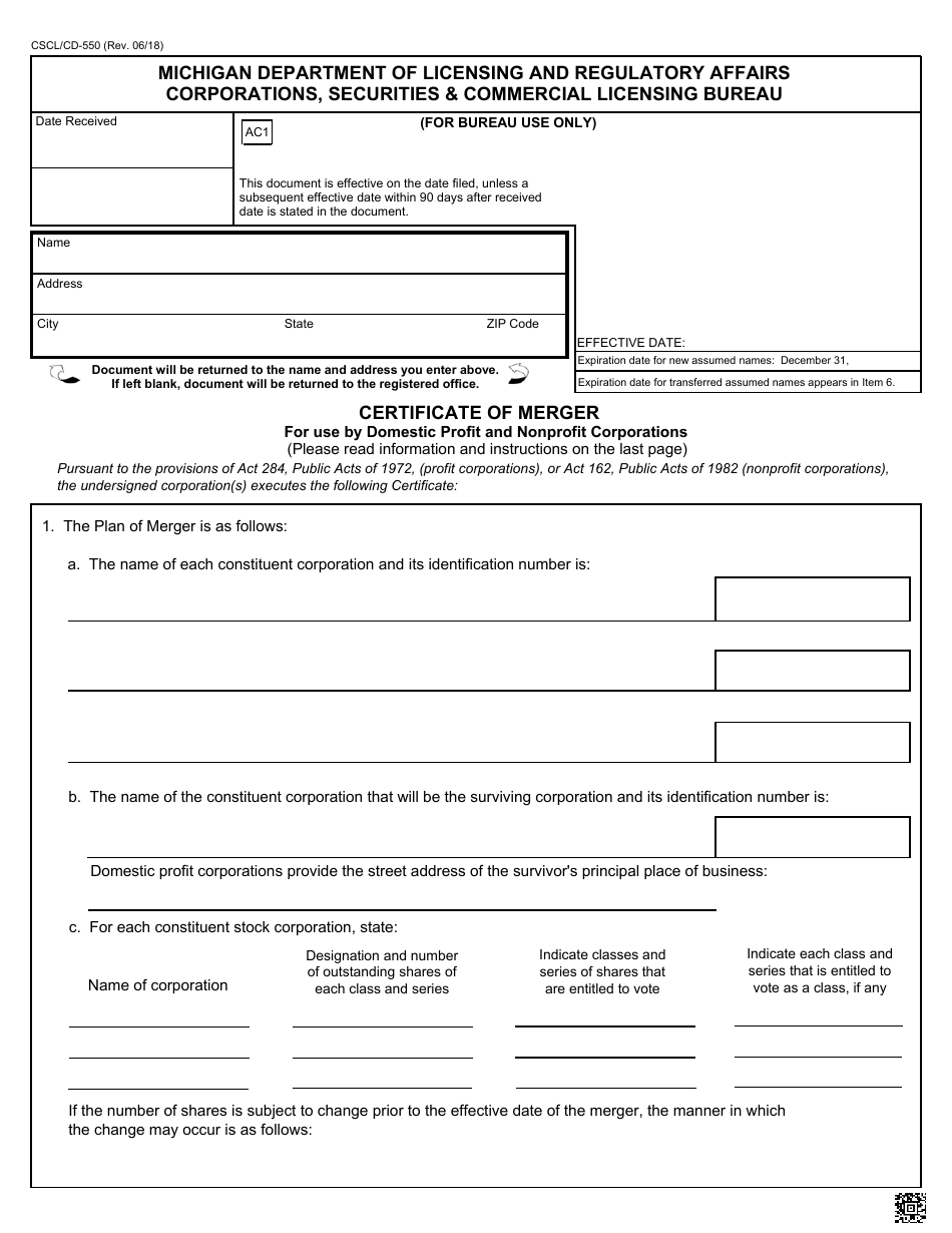 Form CSCL / CD-550 Certificate of Merger for Use by Domestic Profit and Nonprofit Corporations - Michigan, Page 1