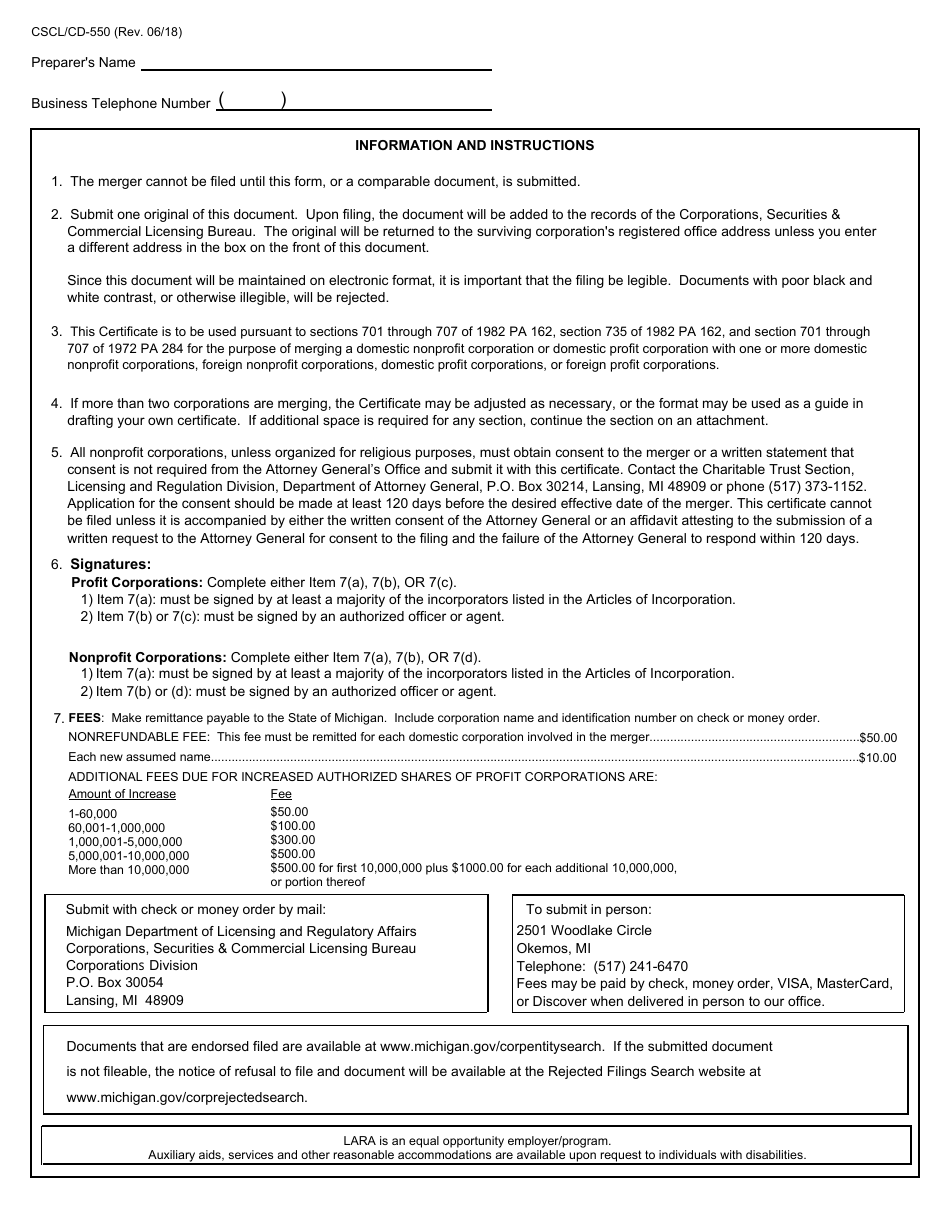 Form CSCL / CD-550 Certificate of Merger for Use by Domestic Profit and Nonprofit Corporations - Michigan, Page 4