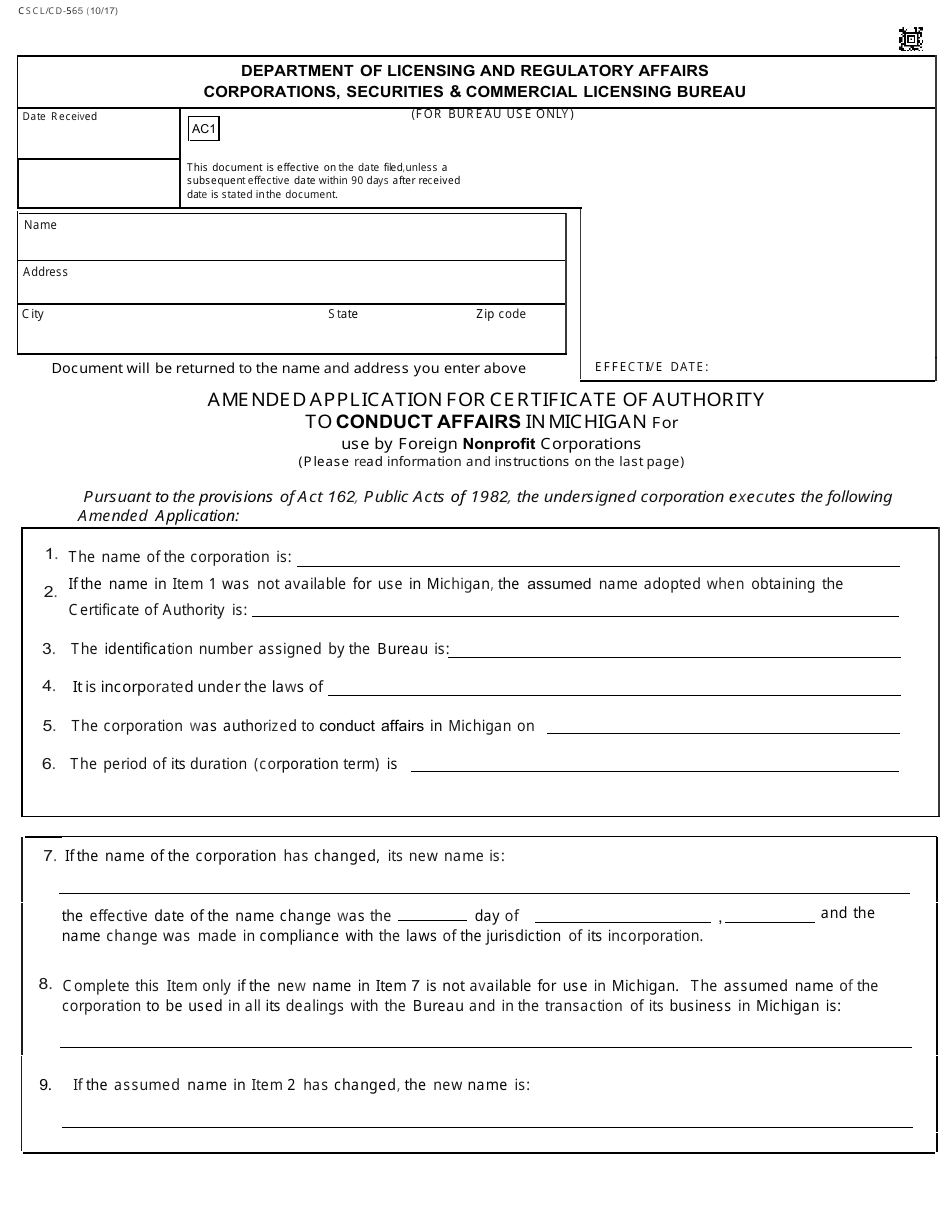Form CSCL / CD-565 Amended Application for Certificate of Authority to Conduct Affairs in Michigan for Use by Foreign Nonprofit Corporations - Michigan, Page 1