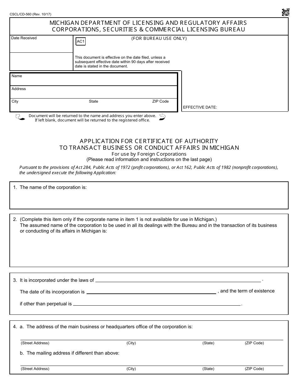 Form CSCL / CD-560 Application for Certificate of Authority to Transact Business or Conduct Affairs in Michigan for Use by Foreign Corporations - Michigan, Page 1