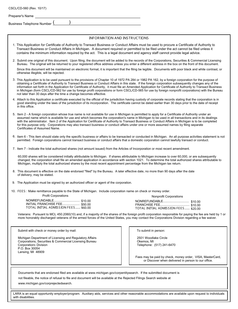 Form CSCL / CD-560 Application for Certificate of Authority to Transact Business or Conduct Affairs in Michigan for Use by Foreign Corporations - Michigan, Page 3