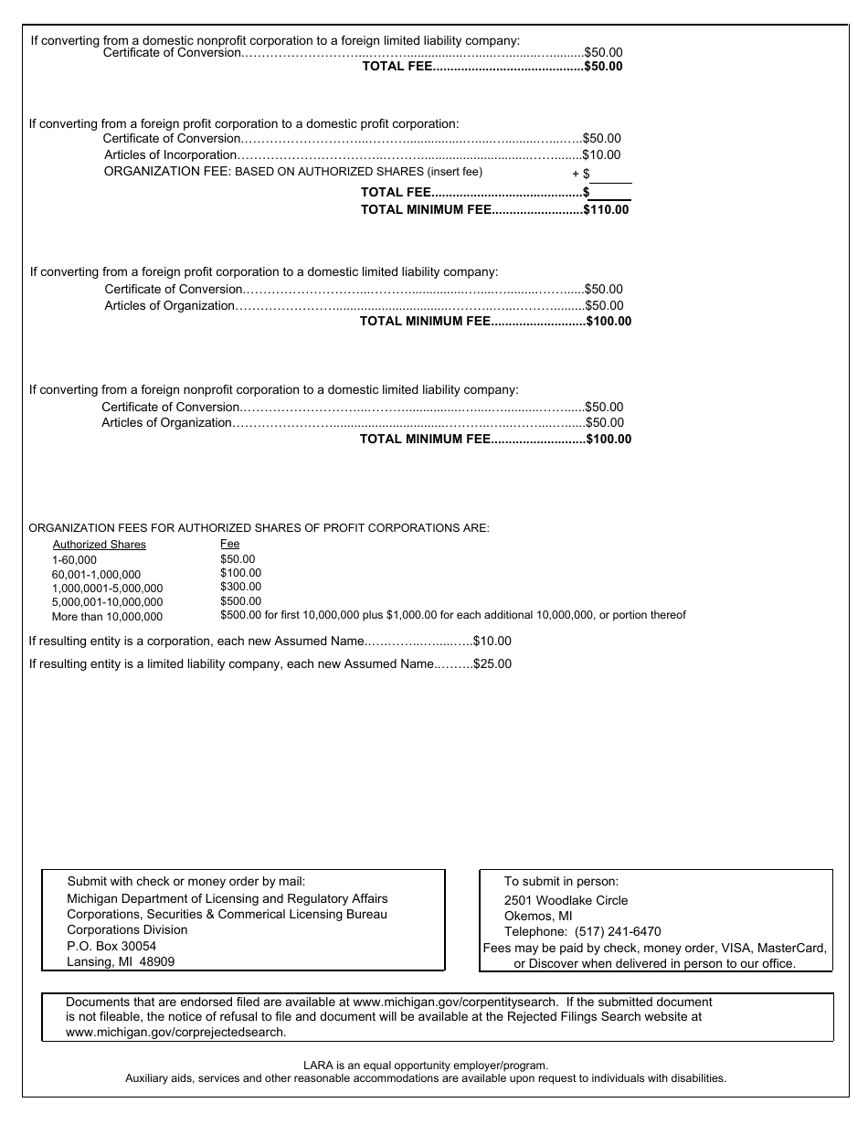 Form CSCL / CD-554 Certificate of Conversion for Use by a Corporation Converting Into a Business Organization - Michigan, Page 6