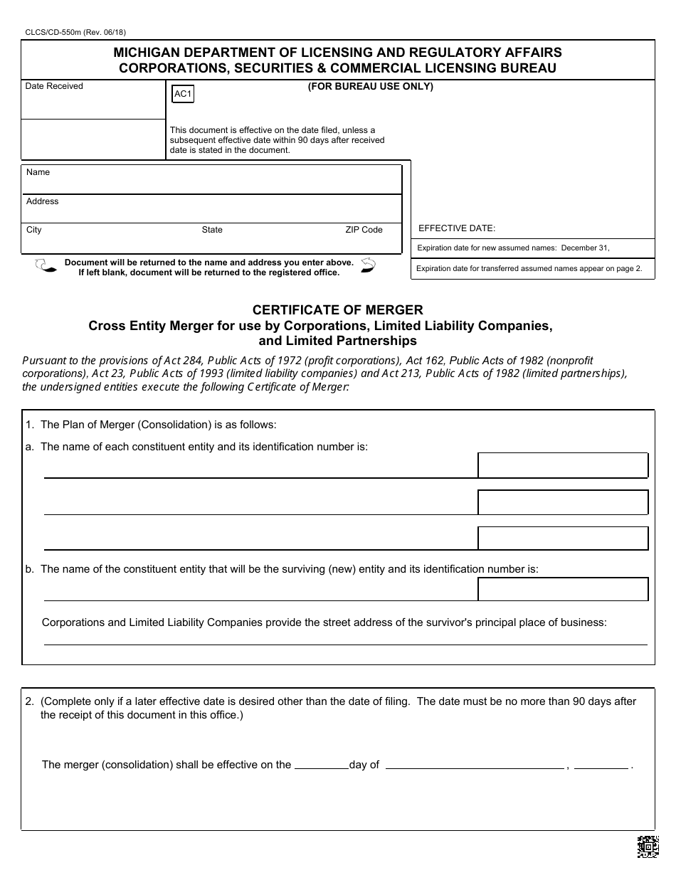 Form CSCL / CD-550M Certificate of Merger - Cross Entity Merger for Use by Corporations, Limited Liability Companies, and Limited Partnerships - Michigan, Page 1