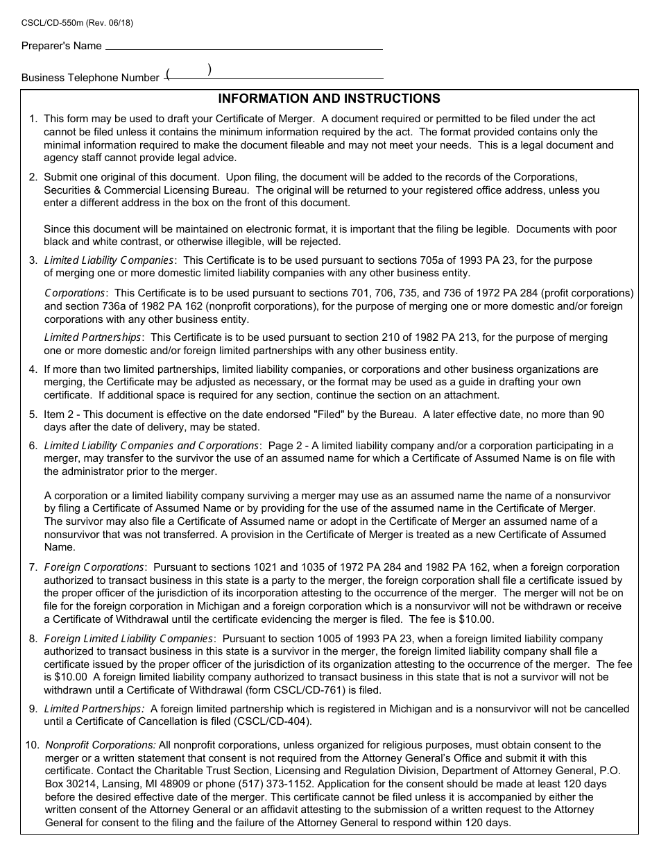 Form CSCL / CD-550M Certificate of Merger - Cross Entity Merger for Use by Corporations, Limited Liability Companies, and Limited Partnerships - Michigan, Page 8