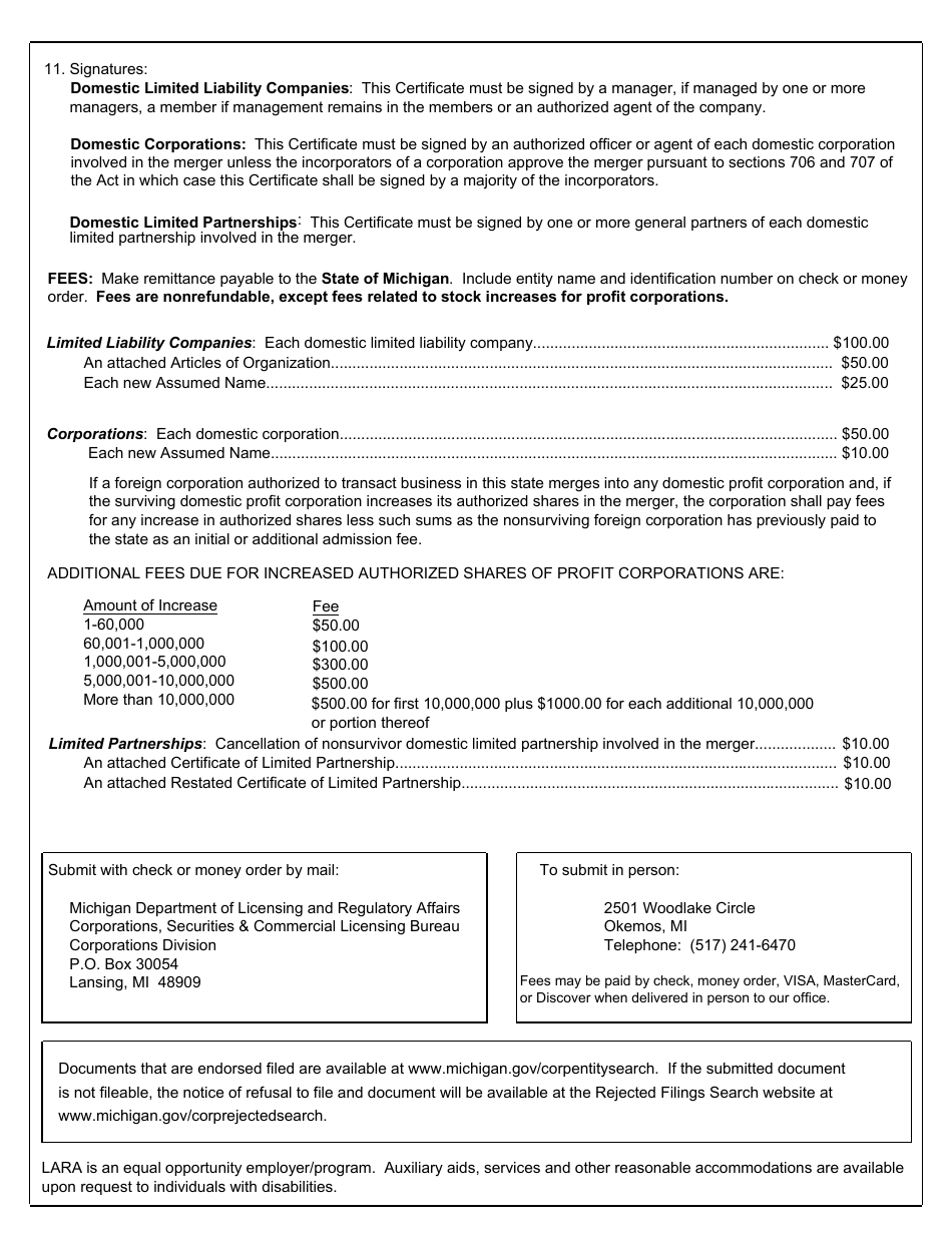 Form CSCL / CD-550M Certificate of Merger - Cross Entity Merger for Use by Corporations, Limited Liability Companies, and Limited Partnerships - Michigan, Page 9
